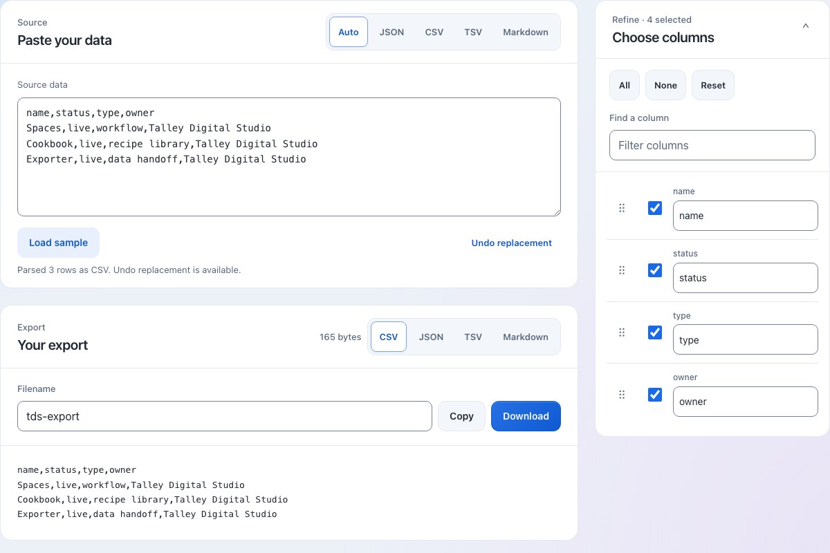 The real Exporter tool, showing sample data and selectable columns.