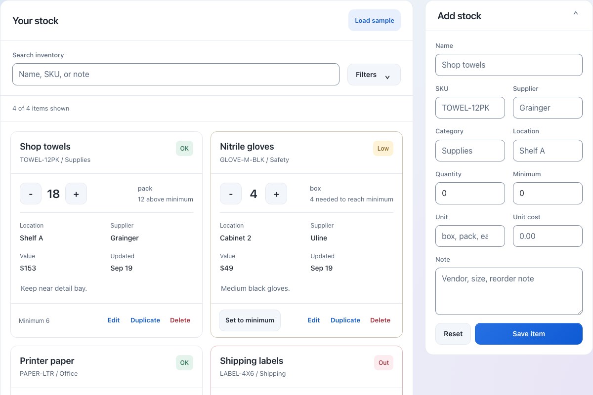 The real Inventory tool, showing sample stock, quantities, and low-stock status.